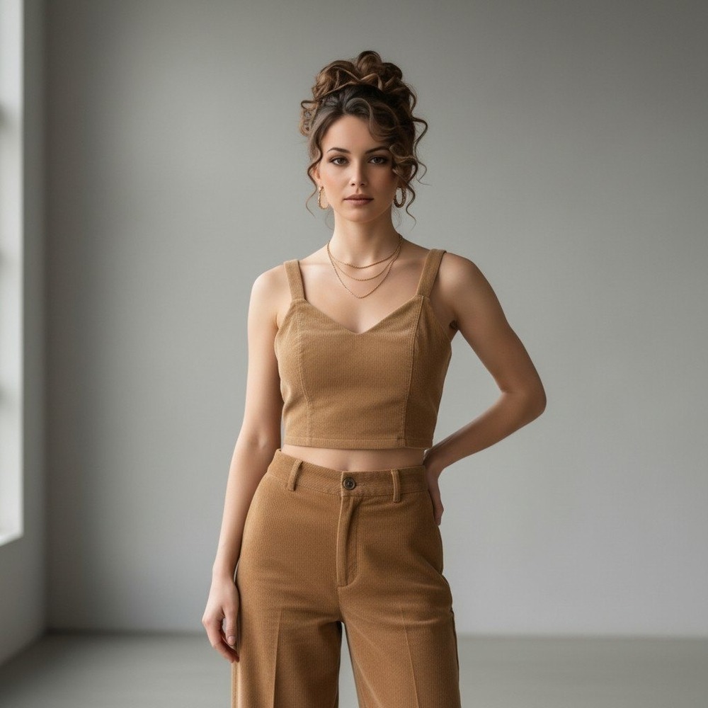 OFFLINE by Aerie Tan Corduroy V-Neck Crop Top L Heritage Prep Minimalist